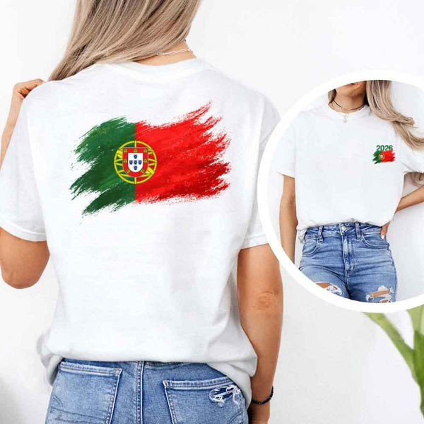 May include a person wearing a White Portugal 2026 World Cup "Countries" T-Shirt – Soccer Fan Graphic Tee featuring bold soccer countries graphic and relaxed fit.