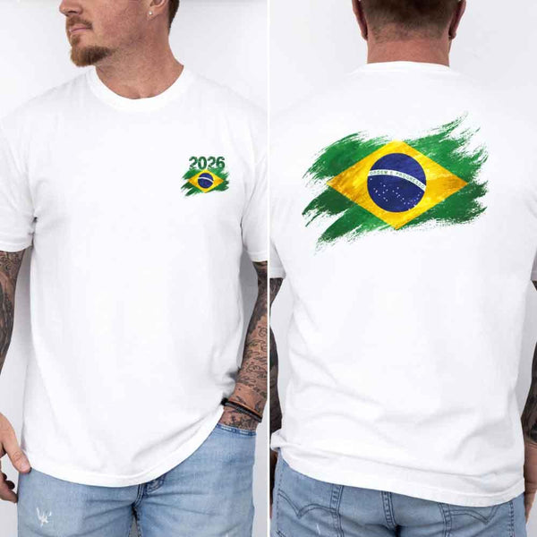 May include a person wearing a White Brazil 2026 World Cup "Countries" T-Shirt – Soccer Fan Graphic Tee featuring bold soccer countries graphic and relaxed fit.