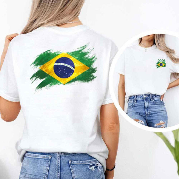 May include a person wearing a White Brazil 2026 World Cup "Countries" T-Shirt – Soccer Fan Graphic Tee featuring bold soccer countries graphic and relaxed fit.