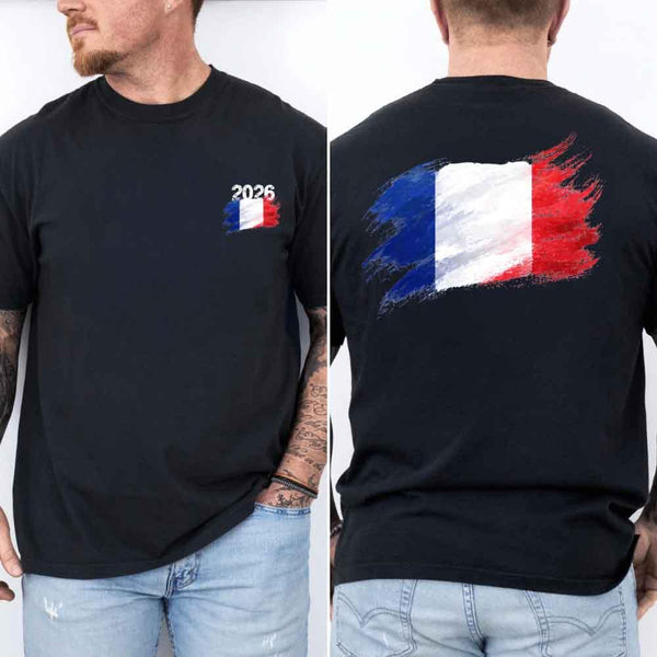 May include a person wearing a Black France 2026 World Cup "Countries" T-Shirt – Soccer Fan Graphic Tee featuring bold soccer countries graphic and relaxed fit.