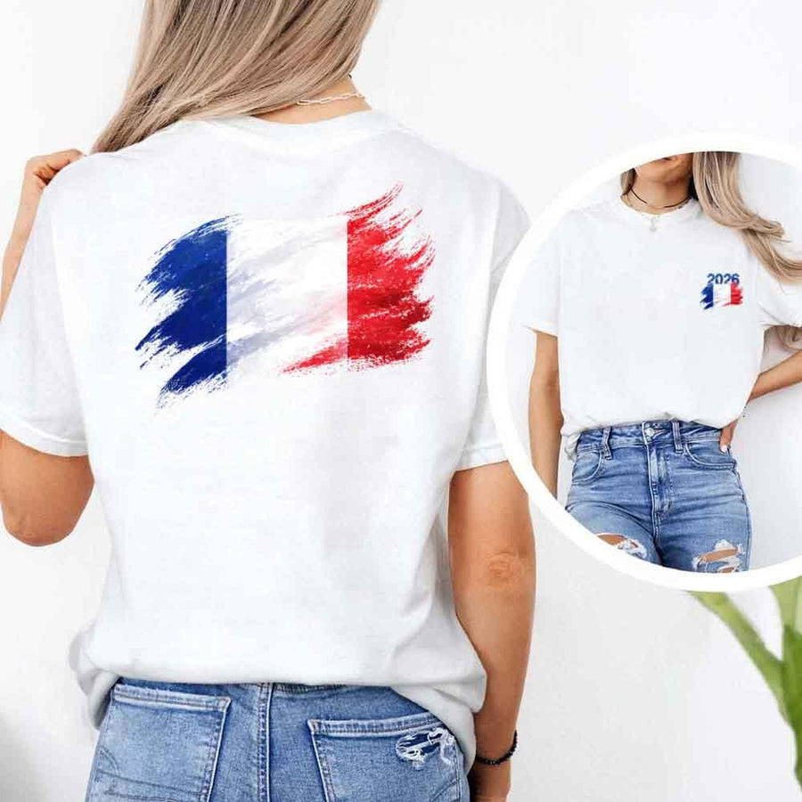 May include a person wearing a White France 2026 World Cup "Countries" T-Shirt – Soccer Fan Graphic Tee featuring bold soccer countries graphic and relaxed fit.