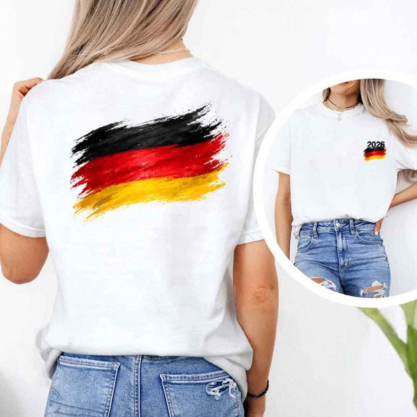 May include a person wearing a White Germany 2026 World Cup "Countries" T-Shirt – Soccer Fan Graphic Tee featuring bold soccer countries graphic and relaxed fit.