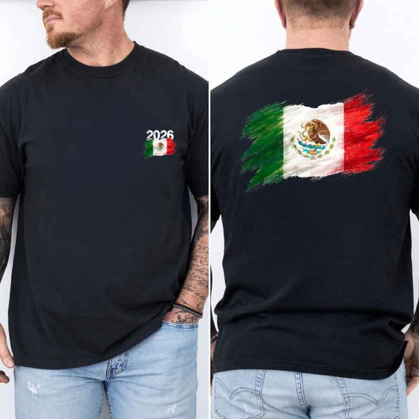 May include a person wearing a Black Mexico 2026 World Cup "Countries" T-Shirt – Soccer Fan Graphic Tee featuring bold soccer countries graphic and relaxed fit.