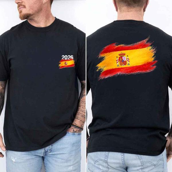 May include a person wearing a black Spain 2026 World Cup "Countries" T-Shirt – Soccer Fan Graphic Tee featuring bold soccer countries graphic and relaxed fit.