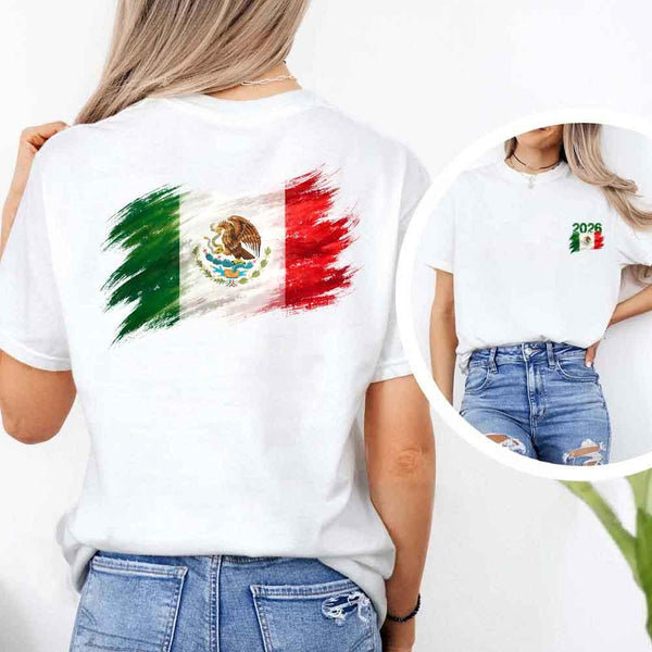 May include a person wearing a White Mexico 2026 World Cup "Countries" T-Shirt – Soccer Fan Graphic Tee featuring bold soccer countries graphic and relaxed fit.