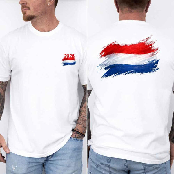 May include a person wearing a White Netherlands 2026 World Cup "Countries" T-Shirt – Soccer Fan Graphic Tee featuring bold soccer countries graphic and relaxed fit.