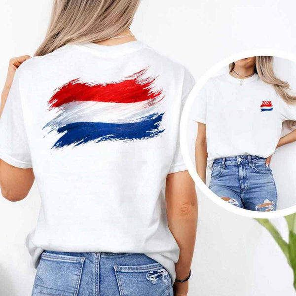 May include a person wearing a White Netherlands 2026 World Cup "Countries" T-Shirt – Soccer Fan Graphic Tee featuring bold soccer countries graphic and relaxed fit.