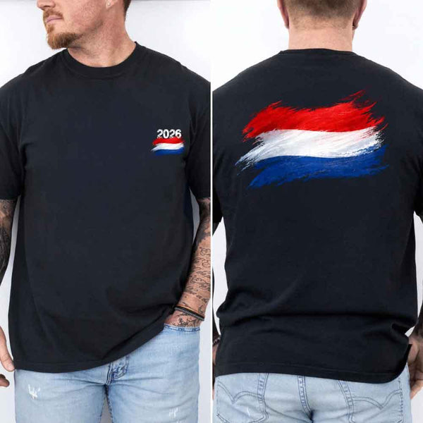 May include a person wearing a Black Netherlands 2026 World Cup "Countries" T-Shirt – Soccer Fan Graphic Tee featuring bold soccer countries graphic and relaxed fit.