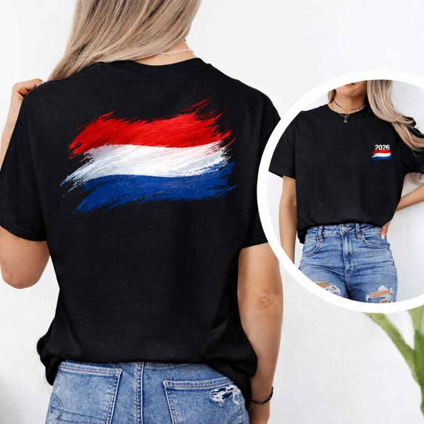May include a person wearing a Black Netherlands 2026 World Cup "Countries" T-Shirt – Soccer Fan Graphic Tee featuring bold soccer countries graphic and relaxed fit.