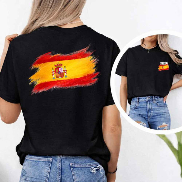 May include a person wearing a black Spain 2026 World Cup "Countries" T-Shirt – Soccer Fan Graphic Tee featuring bold soccer countries graphic and relaxed fit.