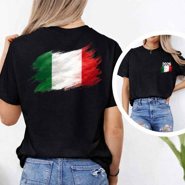 May include a person wearing a Black  Italy 2026 World Cup "Countries" T-Shirt – Soccer Fan Graphic Tee featuring bold soccer countries graphic and relaxed fit.