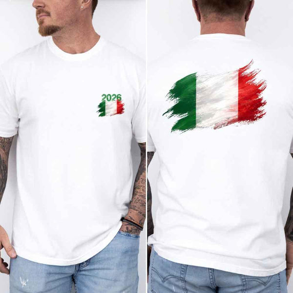 May include a person wearing a White Italy 2026 World Cup "Countries" T-Shirt – Soccer Fan Graphic Tee featuring bold soccer countries graphic and relaxed fit.