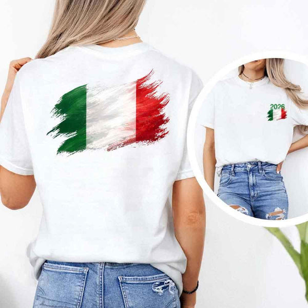 May include a person wearing a White Italy 2026 World Cup "Countries" T-Shirt – Soccer Fan Graphic Tee featuring bold soccer countries graphic and relaxed fit.