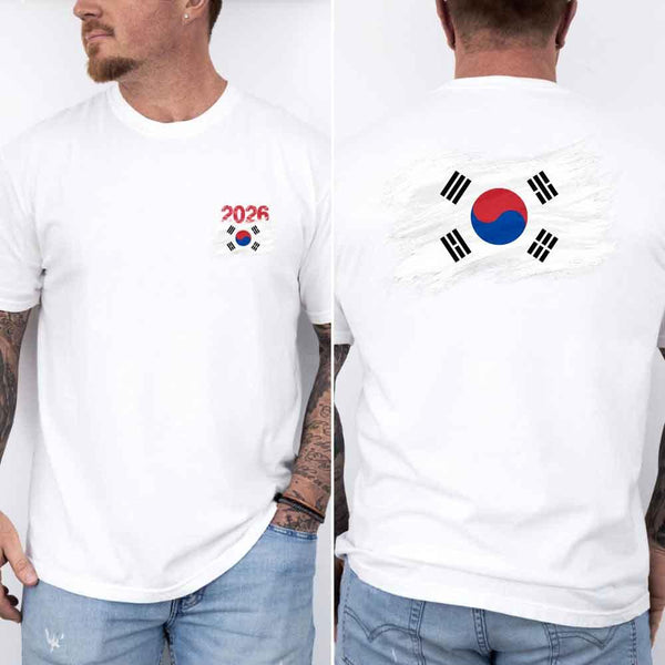 May include a person wearing a White South Korea 2026 World Cup "Countries" T-Shirt – Soccer Fan Graphic Tee featuring bold soccer countries graphic and relaxed fit.