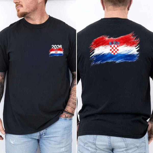 May include a person wearing a Black Croatia 2026 World Cup "Countries" T-Shirt – Soccer Fan Graphic Tee featuring bold soccer countries graphic and relaxed fit.