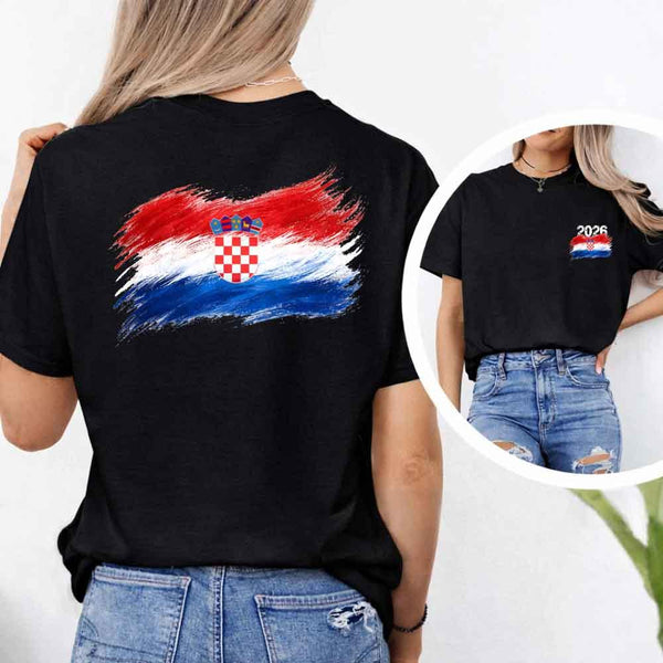 May include a person wearing a Black Croatia 2026 World Cup "Countries" T-Shirt – Soccer Fan Graphic Tee featuring bold soccer countries graphic and relaxed fit.