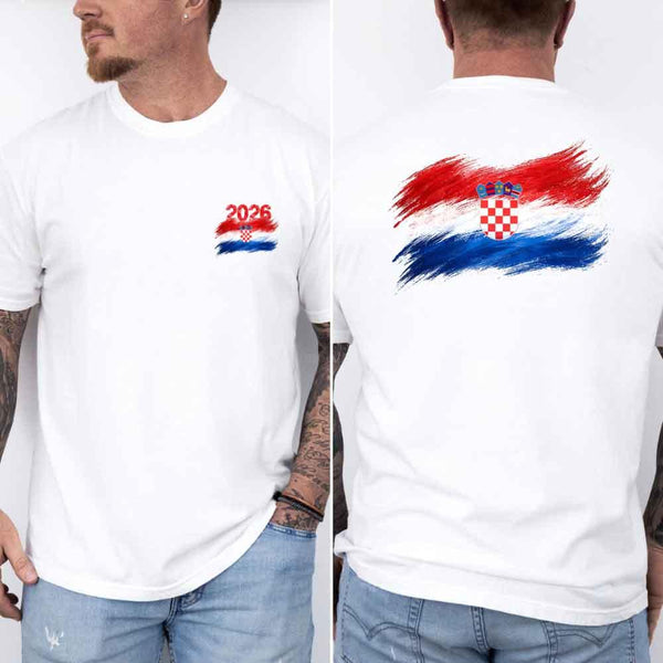 May include a person wearing a White Croatia 2026 World Cup "Countries" T-Shirt – Soccer Fan Graphic Tee featuring bold soccer countries graphic and relaxed fit.