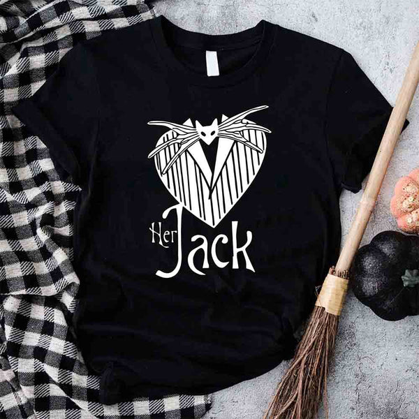 May include matching couple shirts with gothic heart designs, one with text ‘Her Jack’ featuring Jack-inspired design, and the other with text ‘His Sally’ featuring patchwork heart design – spooky couples apparel.