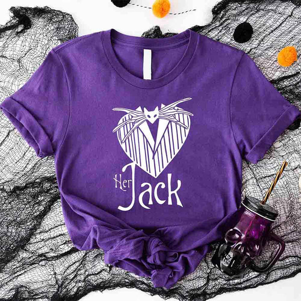 May include matching couple shirts with gothic heart designs, one with text ‘Her Jack’ featuring Jack-inspired design, and the other with text ‘His Sally’ featuring patchwork heart design – spooky couples apparel.
