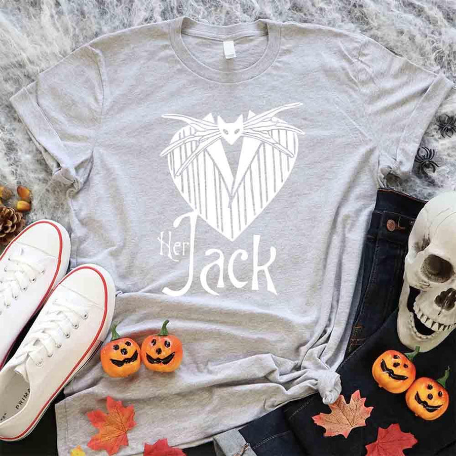 May include matching couple shirts with gothic heart designs, one with text ‘Her Jack’ featuring Jack-inspired design, and the other with text ‘His Sally’ featuring patchwork heart design – spooky couples apparel.