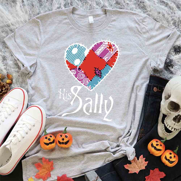 May include matching couple shirts with gothic heart designs, one with text ‘Her Jack’ featuring Jack-inspired design, and the other with text ‘His Sally’ featuring patchwork heart design – spooky couples apparel.