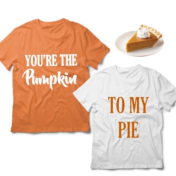 Two Halloween-themed t-shirts with pumpkin pie graphics and text.