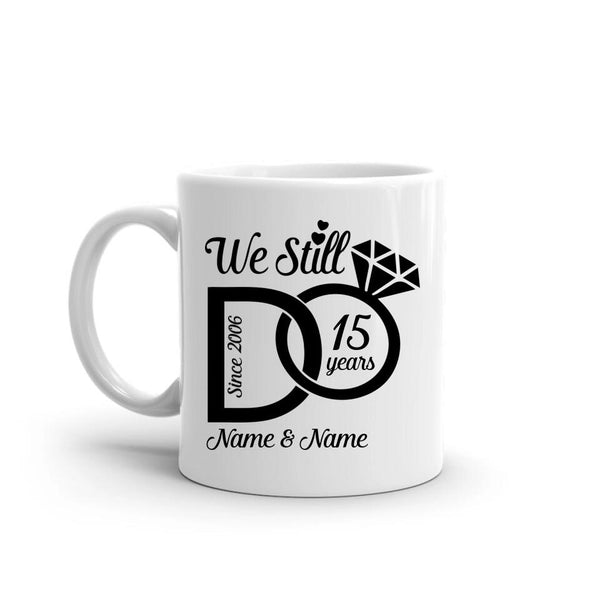 White mug with black text and design on a white background