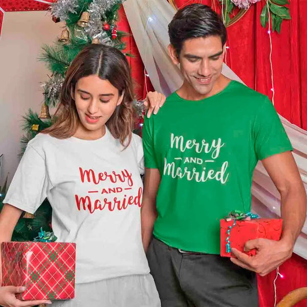 Two people wearing 'Merry and Married' shirts with Christmas decorations in the background.