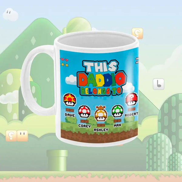Mug with colorful design featuring characters and text on a video game-themed background
