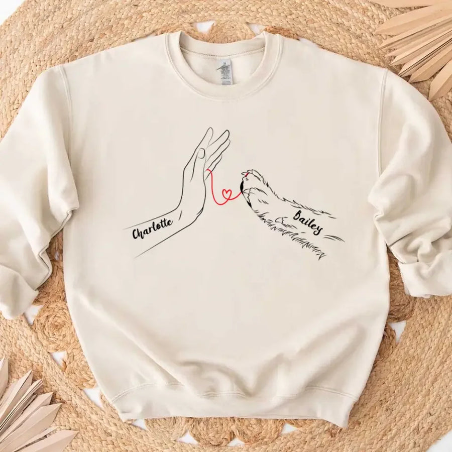 May include a personalized shirt with a dog paw and human hand joined by a red thread heart, with space for a custom pet name.