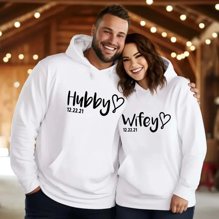 Matching Hubby & Wifey Hoodie, Sweatshirt, & Long Sleeve – Personalized Wedding Date