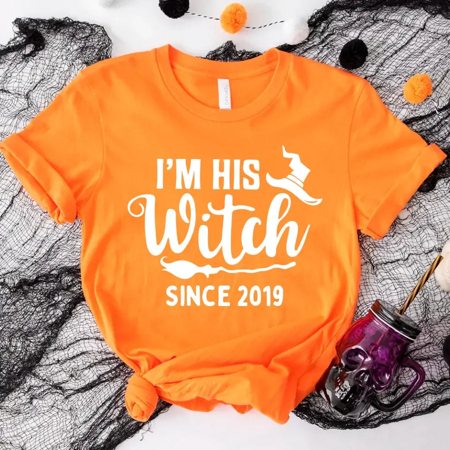 Orange halloween t-shirt with 'I'm his witch since 2019' text