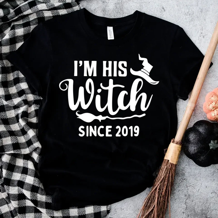 Black Halloween t-shirt with 'I'm his witch since 2019' text