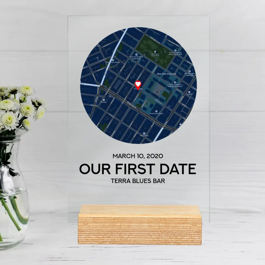 Placa de San Valentín con mapa personalizado "Nuestra primera cita"