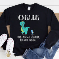 Black t-shirt with a colorful dinosaur design and text 'MIMISARUS like a normal grandma, but more awesome' along with three names: Camilla, Jason, and Mike. 