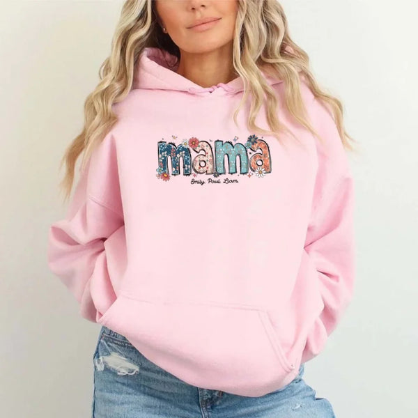 Personalized Mama Floral Hoodies With Names model mockup pink