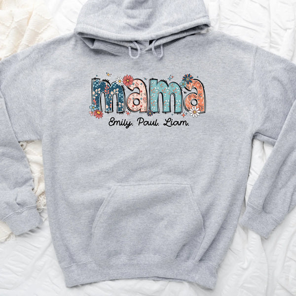 Gray hoodie with 'mama' and names printed on a white background