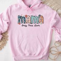 Pink hoodie with floral 'mama' text and names on a light background