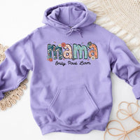 Purple hoodie with 'mama' text on a textured surface