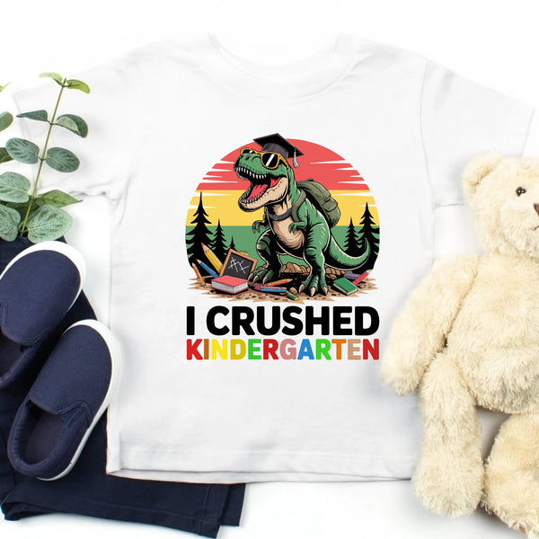 I Crushed Kindergarten T-Rex Dinosaur Graduation T-Shirt for Kids