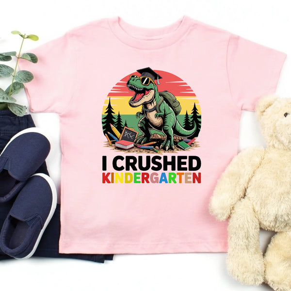 I Crushed Kindergarten T-Rex Dinosaur Graduation T-Shirt for Kids