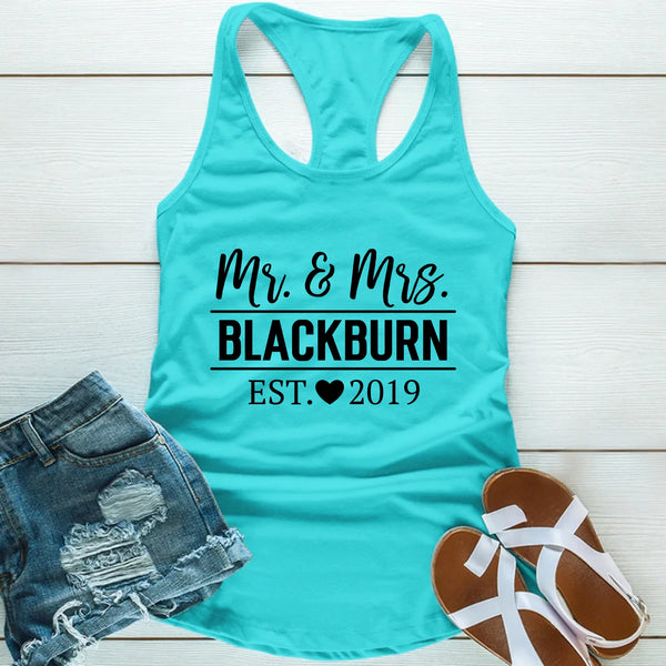 Turquoise tank top with 'Mr. & Mrs.
