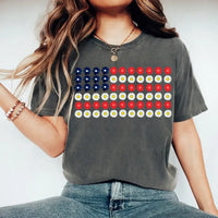 Woman wearing custom tee with American flag made of red, white, blue flower prints