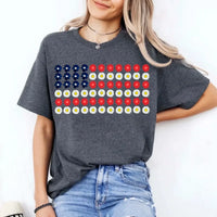 Woman wearing a gray custom t-shirt with a floral American flag design, casual style