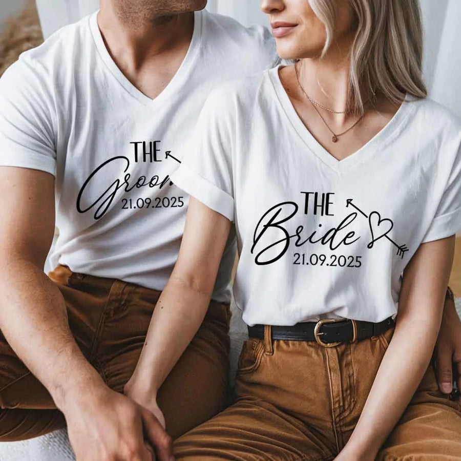 The Groom & The Bride Matching Matching Wedding Shirts v-neck