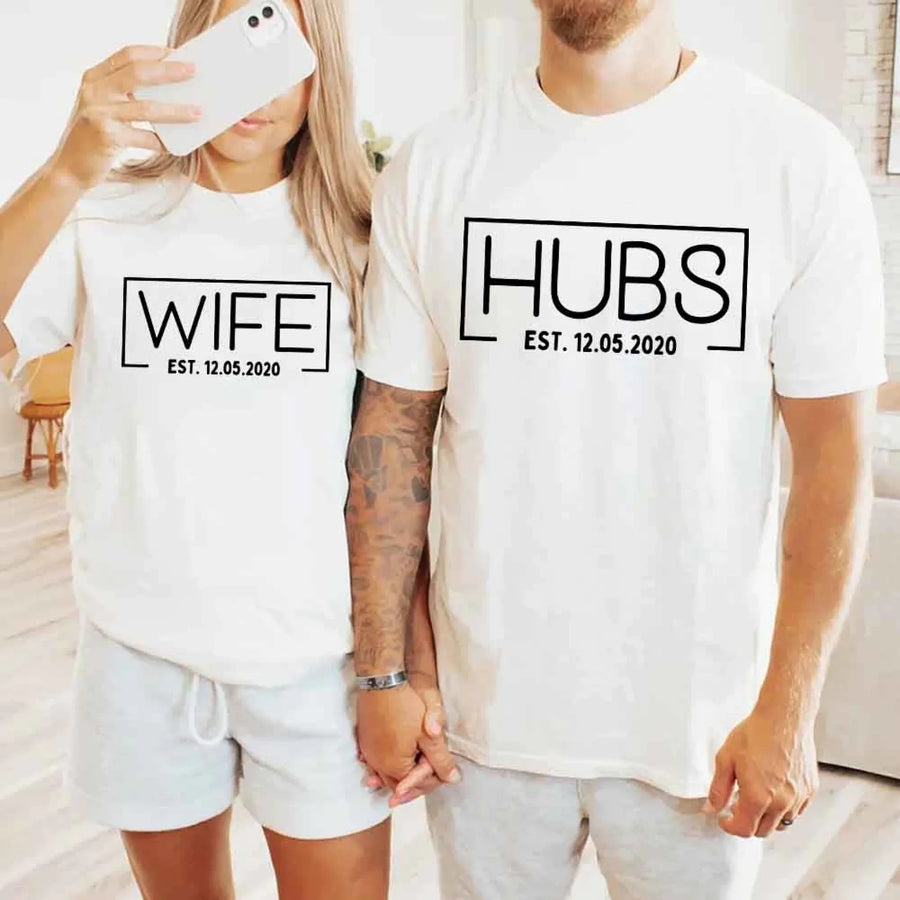 Custom Couples Shirts – Wife & Hubs Est Date Tees for Anniversary Gift