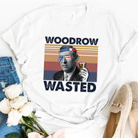 White t-shirt with a graphic of Woodrow Wilson and text 'Woodrow Wasted' on a white background.