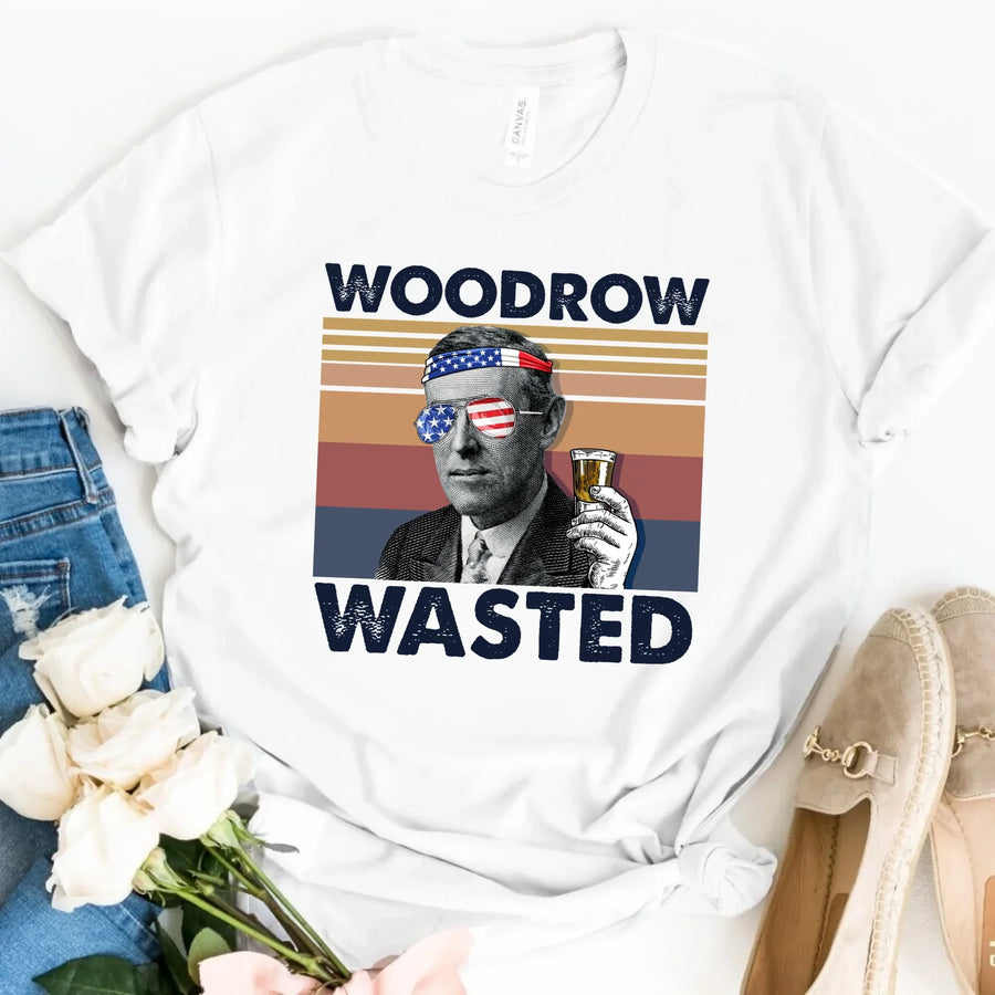 White t-shirt with a graphic of Woodrow Wilson and text 'Woodrow Wasted' on a white background.
