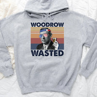 Gray hoodie with graphic of a man holding a drink and text 'Woodrow Wasted' on a white background