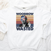 White sweatshirt with a graphic of Woodrow Wilson and the text 'Woodrow Wasted' on a white background.